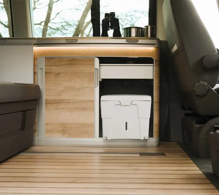 The TROBOLO WandaGO Lite mini composting toilet in the closet