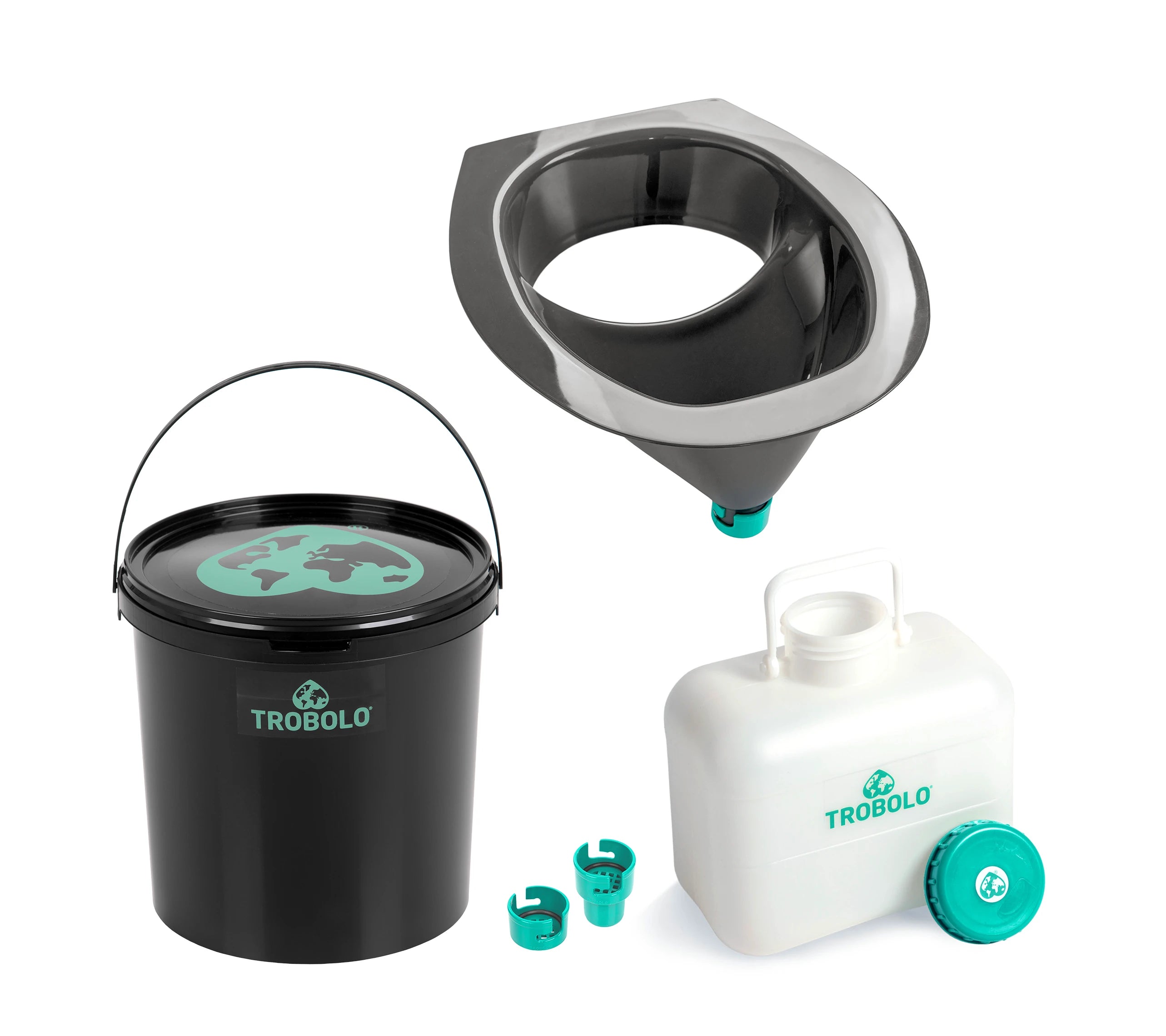 TROBOLO composting toilet insert in grey or white ,solids container , liquids container and adaptors system SKU:BS1XX1404GS