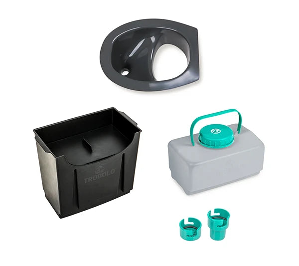 TROBOLO composting toilet insert in grey, solids container , liquids container and adaptors system SKU:BS1XX1404GP