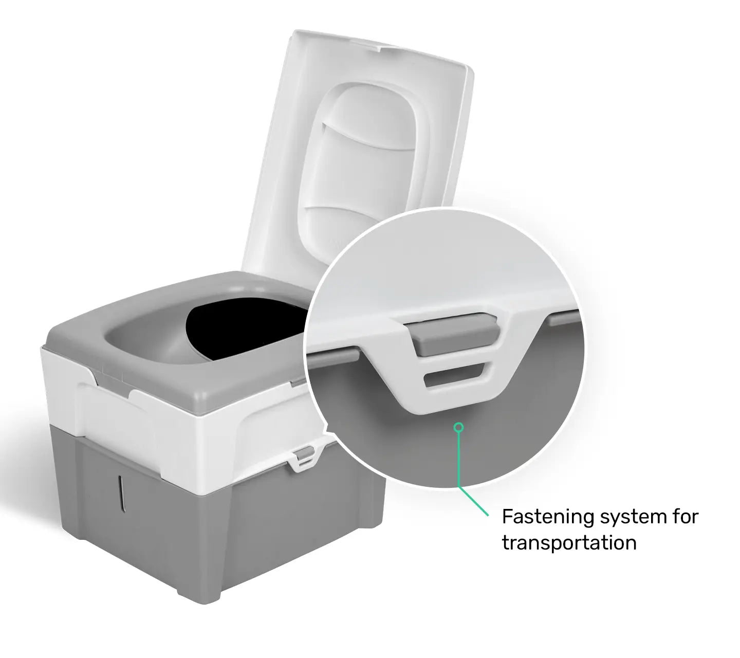 Camping toilet with fastening system for transportation